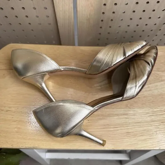 Stuart Weitzman Gold Heels Open toed Pump Sz 9 - Picture 6 of 9